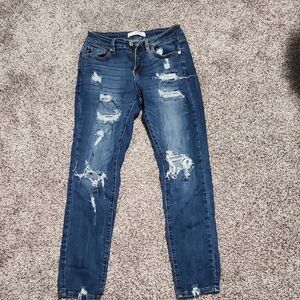 Trendy Distressed Skinny Jeans in Classic Blue